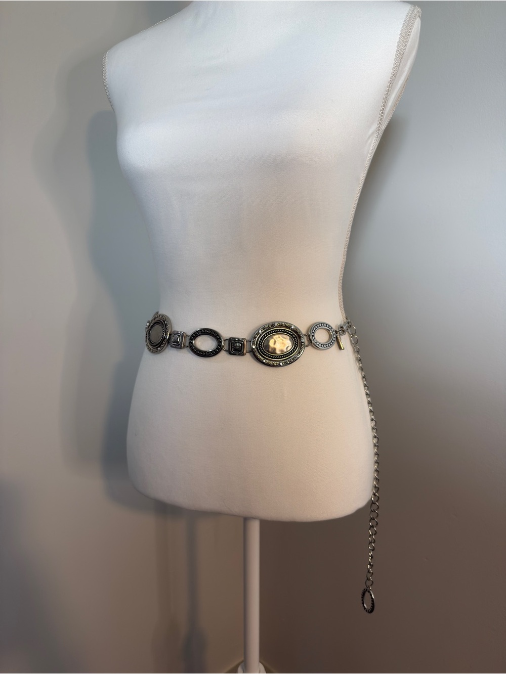 Chico's Silver Tone Concho Style Belt Faux Mother of Pearl Adjustable Waist Belt